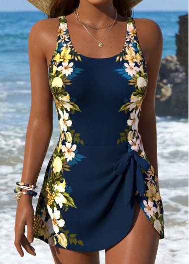 Floral Print Tie Navy One Piece Swimdress Floral Print Tie Navy One Piece Swimdress