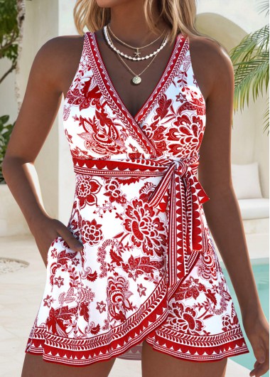 Random Floral Print Bowknot Brick Red One Piece Swimdress