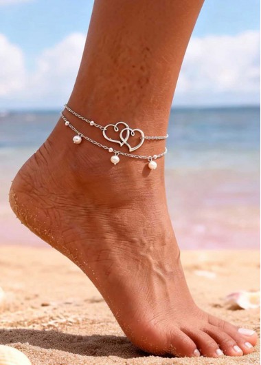 Silvery White Heart Alloy Detail Anklets