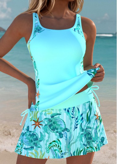 Mid Waisted Marine Life Print Bowknot Cyan Tankini Set