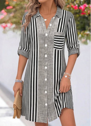 Striped Tummy Coverage Grey Short Long Sleeve Dress Striped Tummy Coverage Grey Short Long Sleeve Dress