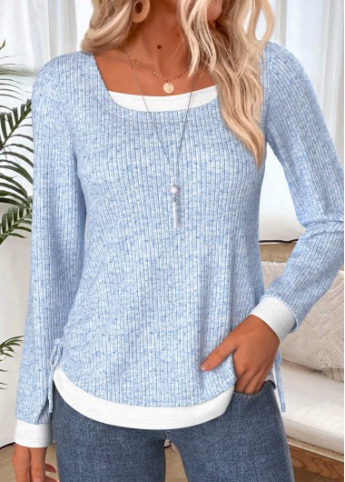 Fake 2in1 Light Blue Long Sleeve T Shirt