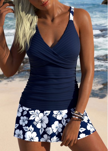Mid Waisted Floral Print Surplice Navy Tankini Set