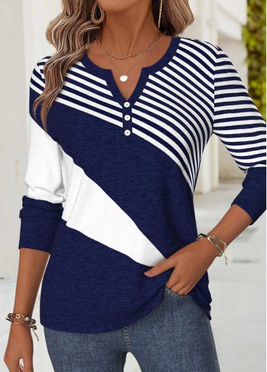Geometric Print Curved Hem Navy Long Sleeve T Shirt