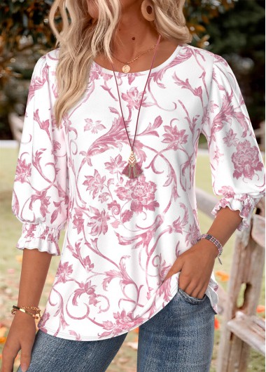 Floral Print Smocked Light Pink 3/4 Sleeve Blouse Floral Print Smocked Light Pink 3/4 Sleeve Blouse