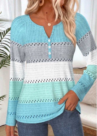 Striped Button Mint Green Long Sleeve T Shirt
