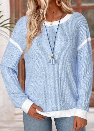 Patchwork Blue Long Sleeve Round Neck Sweatshirt