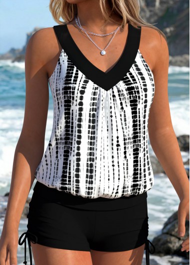 Mid Waisted Tie Dye Print Lace Up Tankini Set