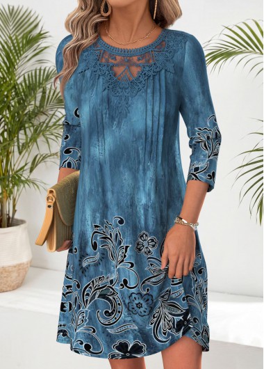 Tribal Print Tuck Stitch Peacock Blue Short Dress