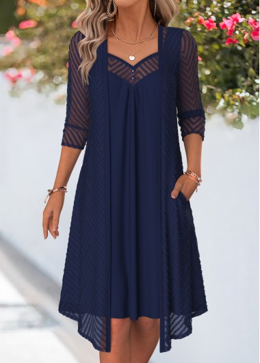 Fake 2in1 Navy 3/4 Sleeve Heart Collar Dress