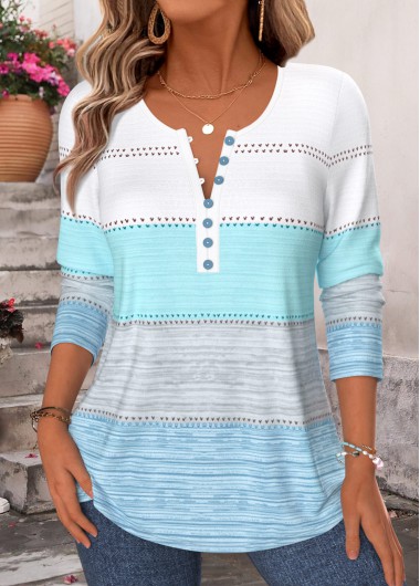 Striped Button Blue Long Sleeve Split Neck T Shirt