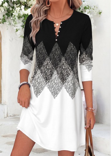Geometric Print Tummy Coverage Black Short Long Sleeve Dress