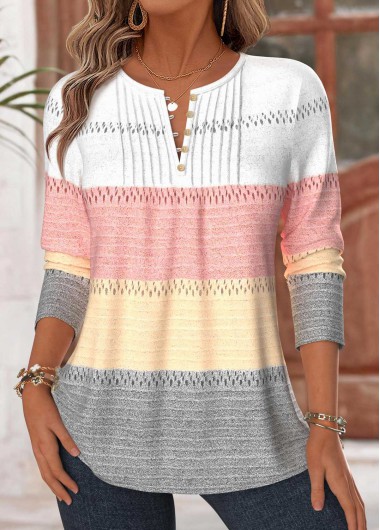 Striped Tuck Stitch Multi Color Long Sleeve T Shirt