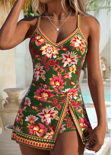 Floral Print Fake 2in1 Green One Piece Swimdress