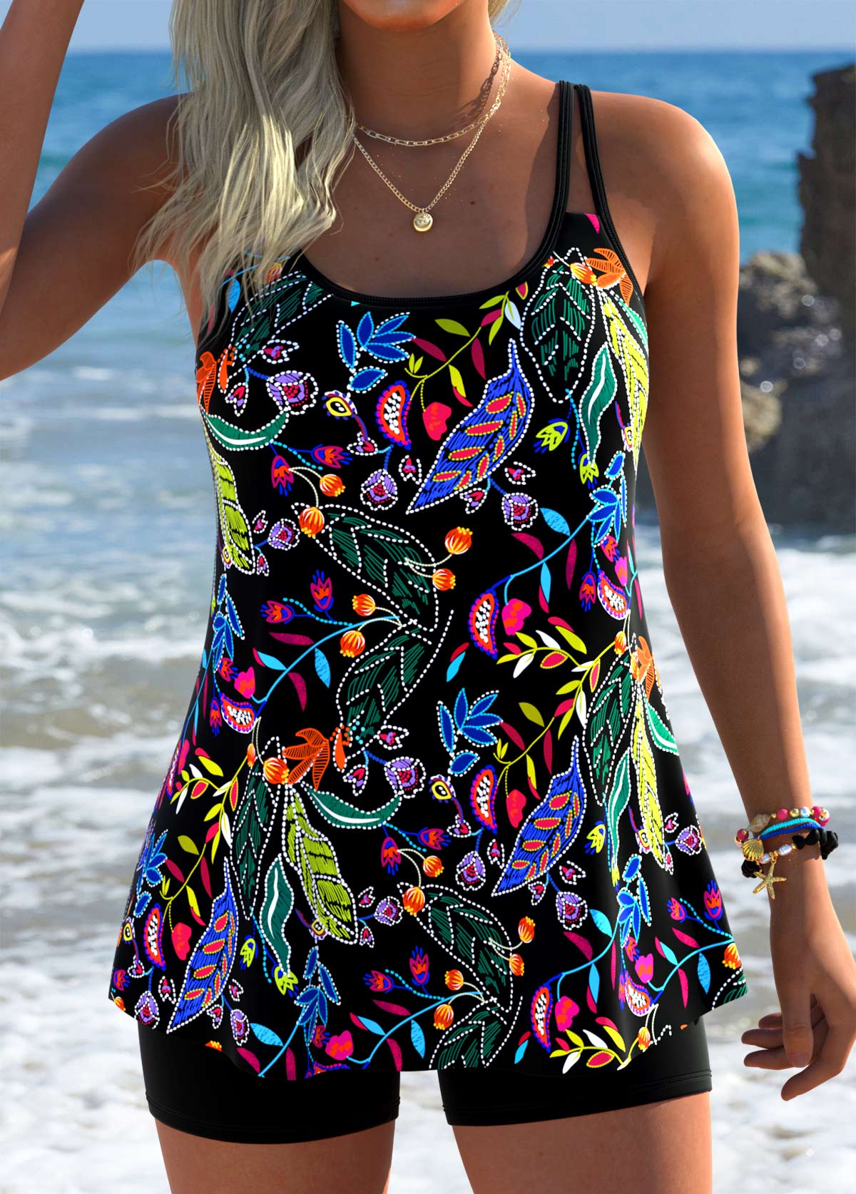 Floral Print Scoop Neck Black Tankini Set