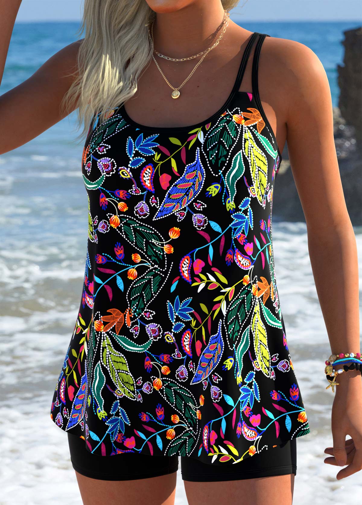 Floral Print Scoop Neck Black Tankini Set