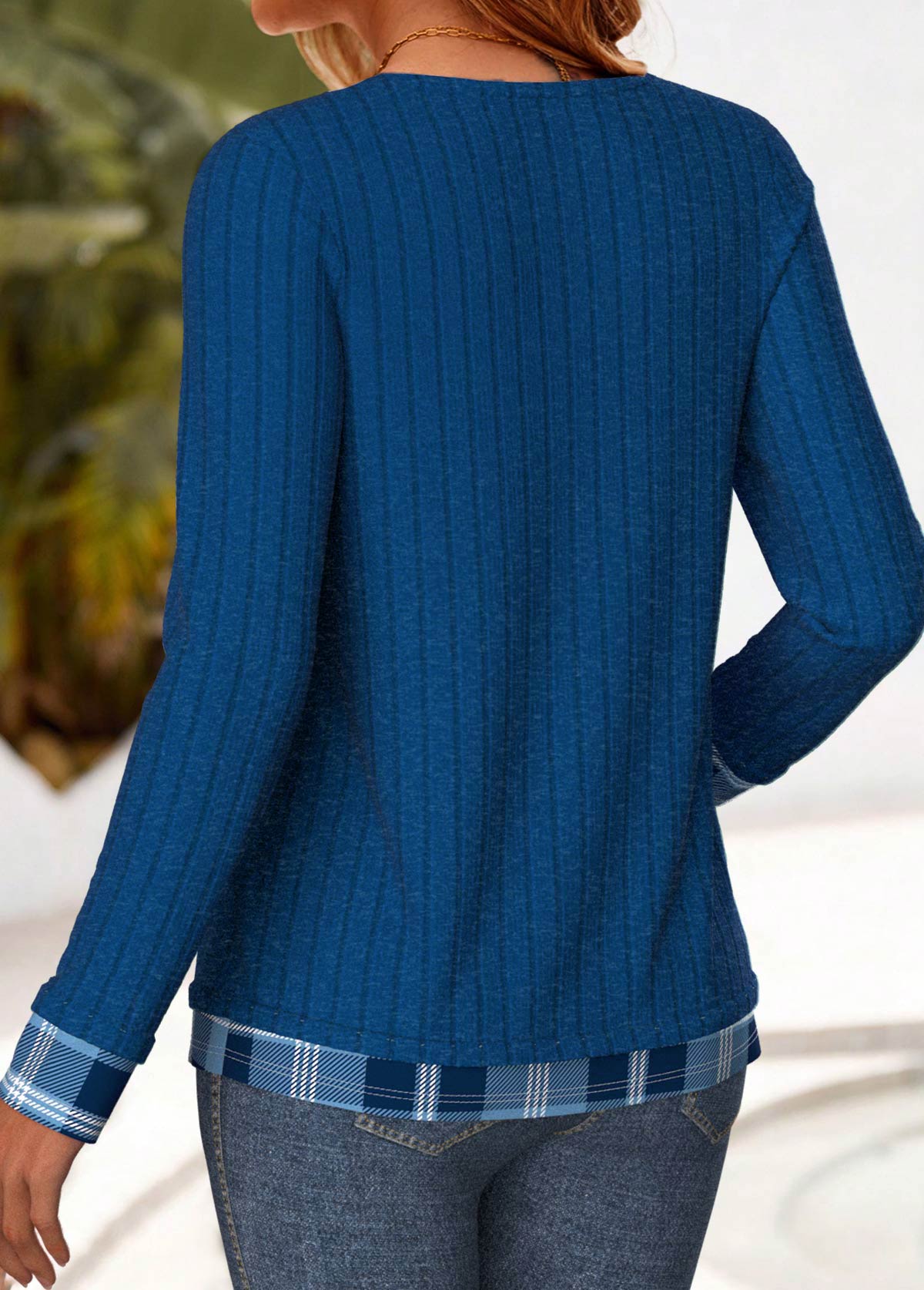 Plaid Button Blue Long Sleeve Fake Two Piece Twinset