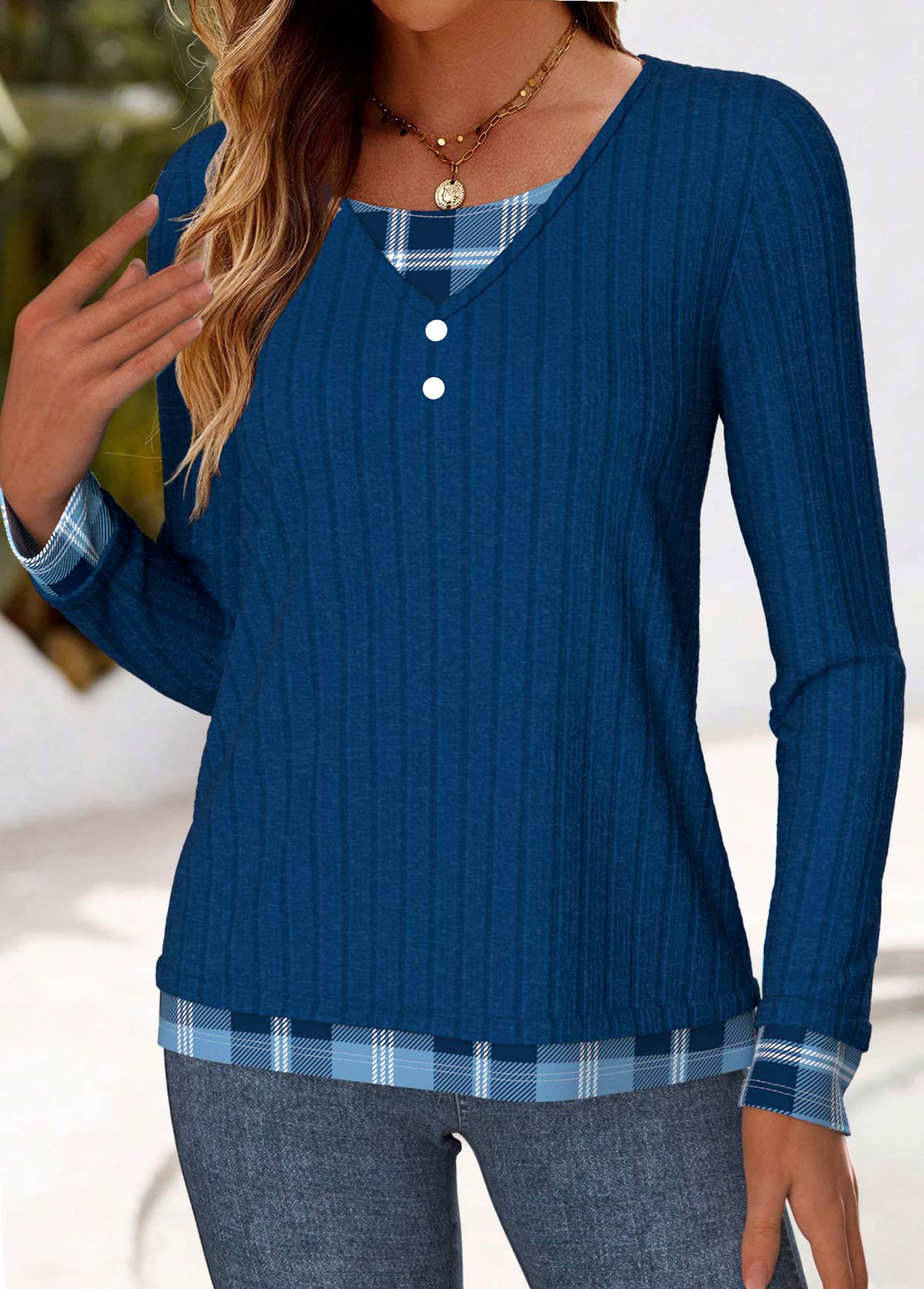 Plaid Button Blue Long Sleeve Fake Two Piece Twinset