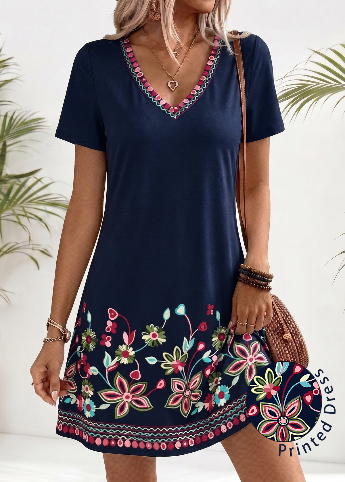American Flag Floral Print Tummy Coverage Navy Short Dress