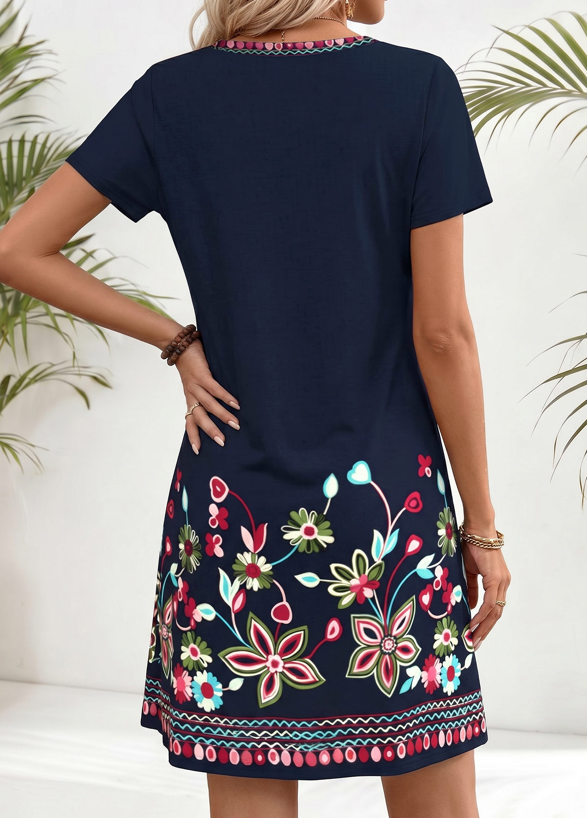 American Flag Floral Print Tummy Coverage Navy Short Dress