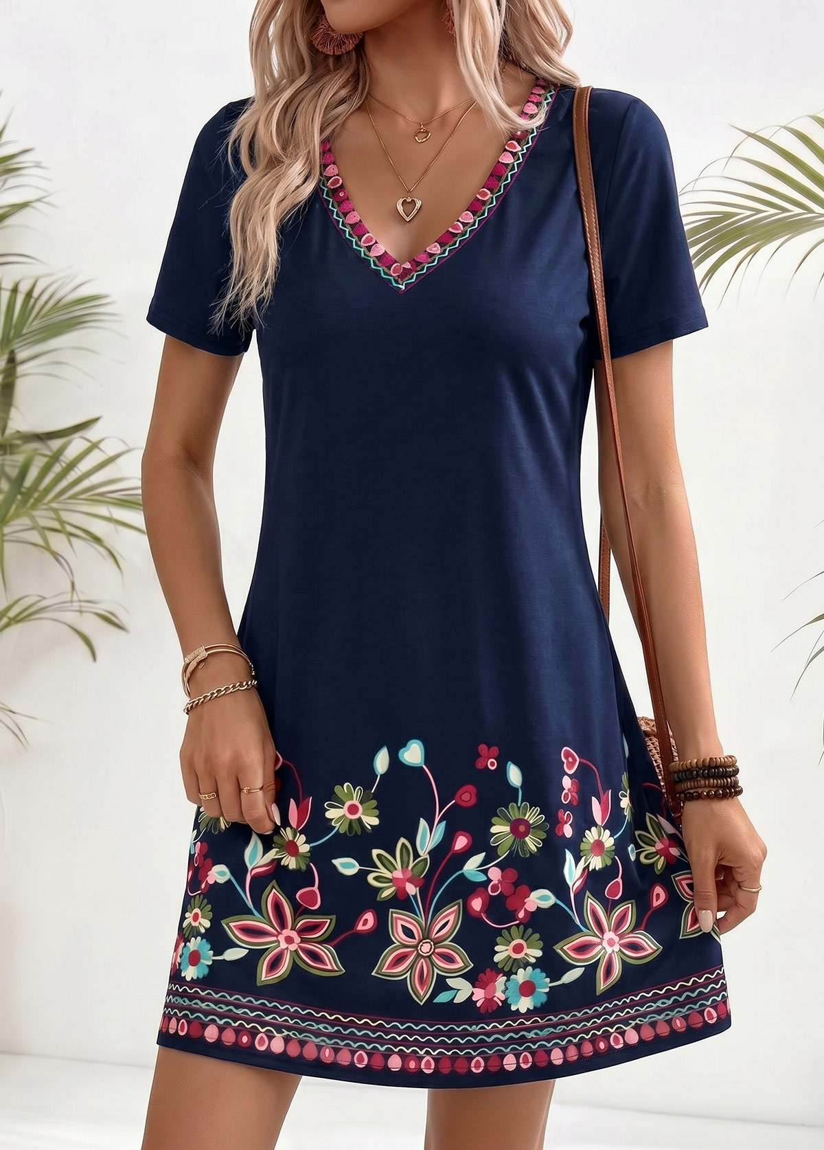 American Flag Floral Print Tummy Coverage Navy Short Dress