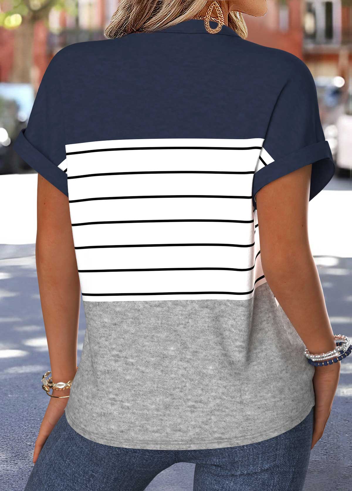 Striped Patchwork Navy Short Sleeve Split Neck Blouse