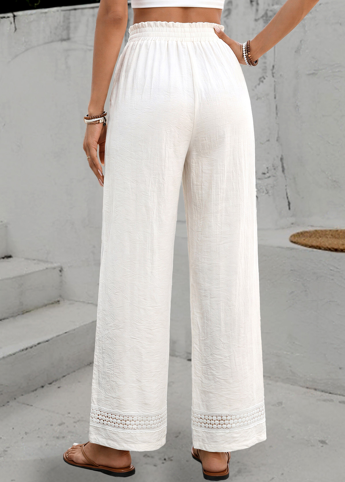 White Elastic Waist High Waisted Pants