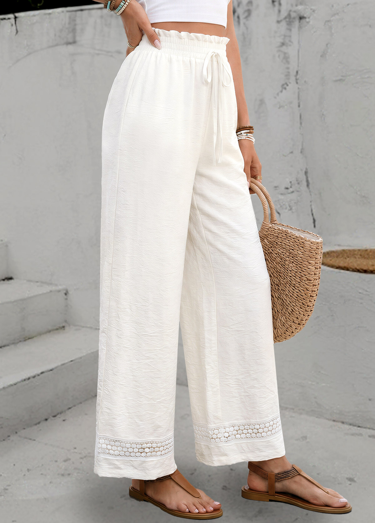 White Elastic Waist High Waisted Pants