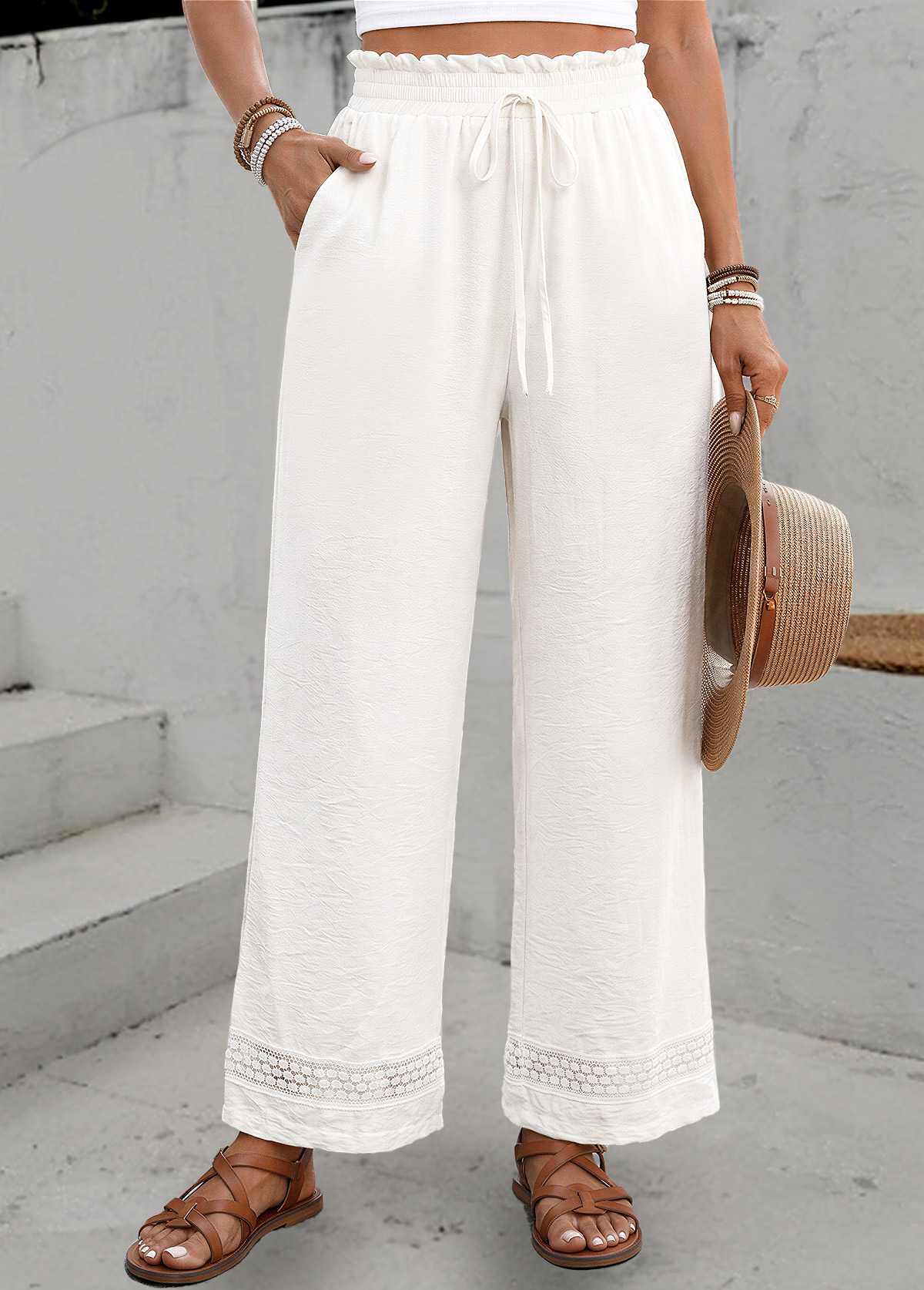 White Elastic Waist High Waisted Pants