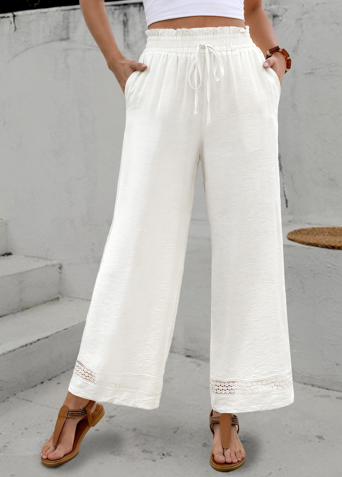 White Elastic Waist High Waisted Pants