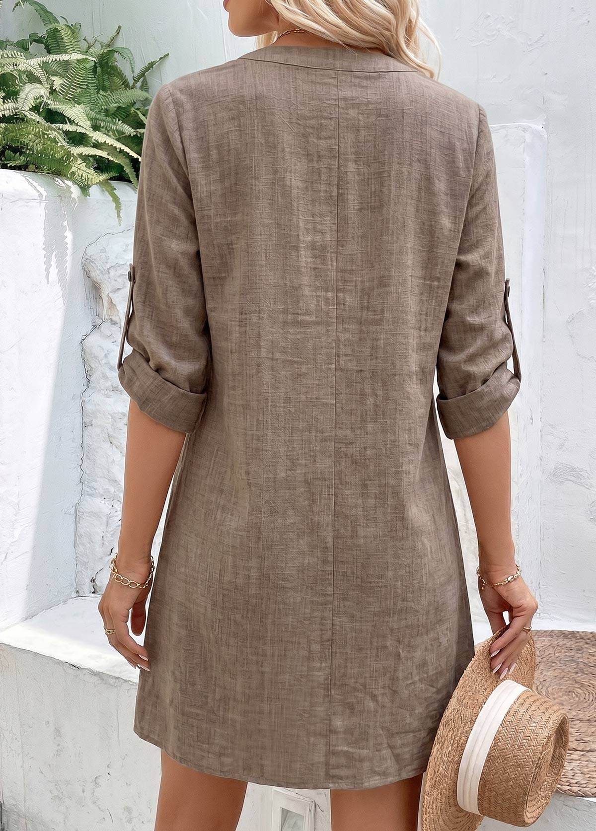 Tummy Coverage Gray Brown Short Bracelet Sleeve Dress