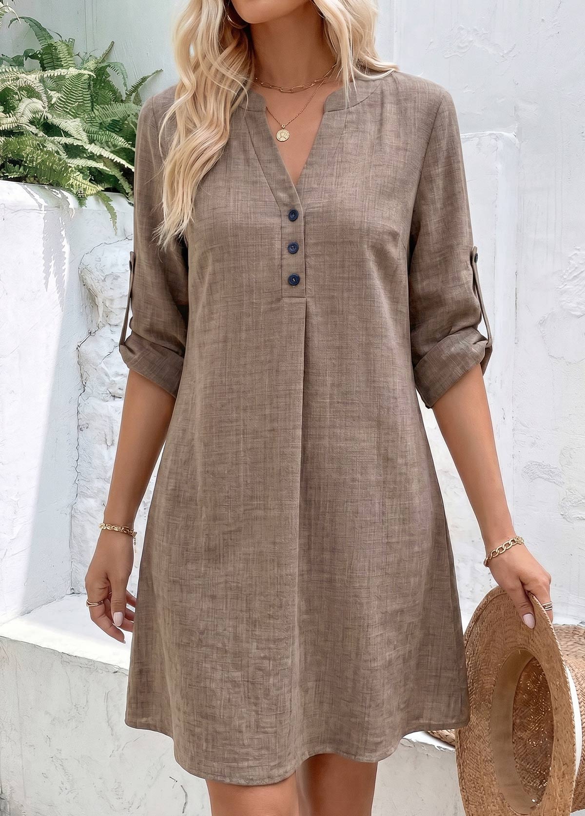 Tummy Coverage Gray Brown Short Bracelet Sleeve Dress