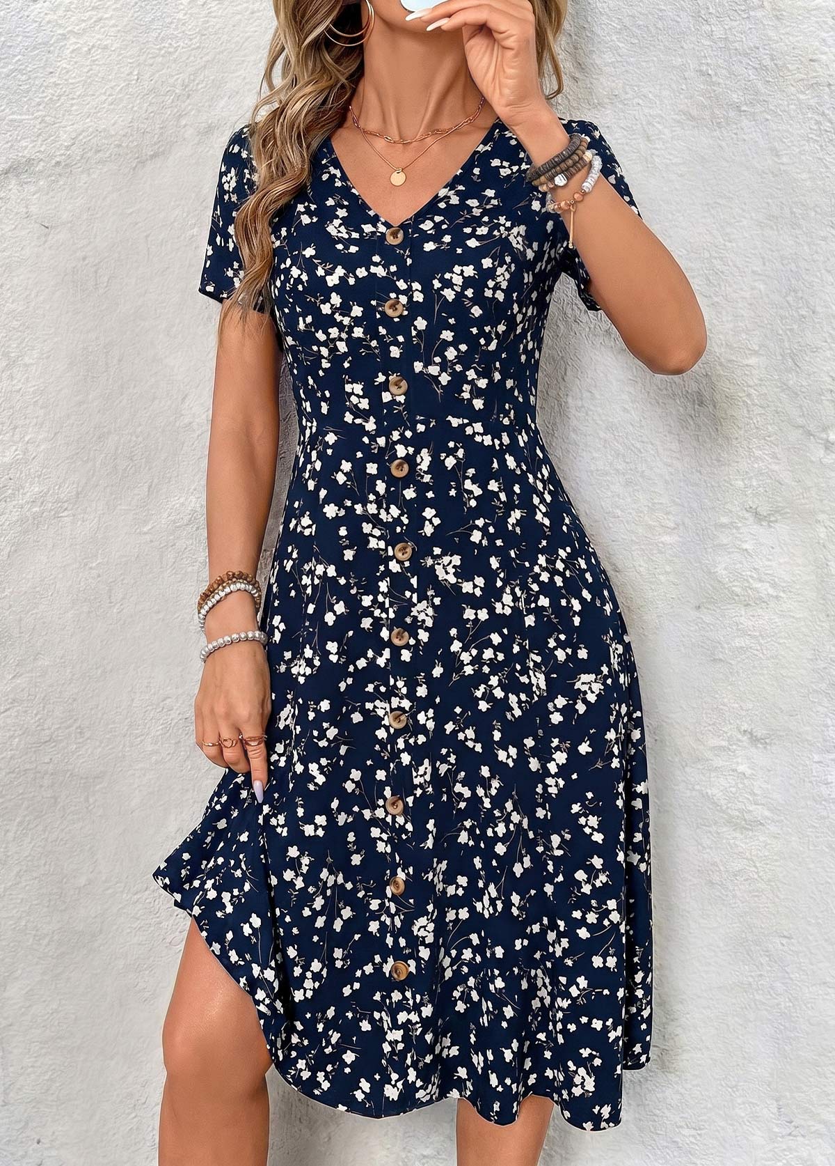 Floral Print Tummy Coverage Navy Short Sleeve Dress