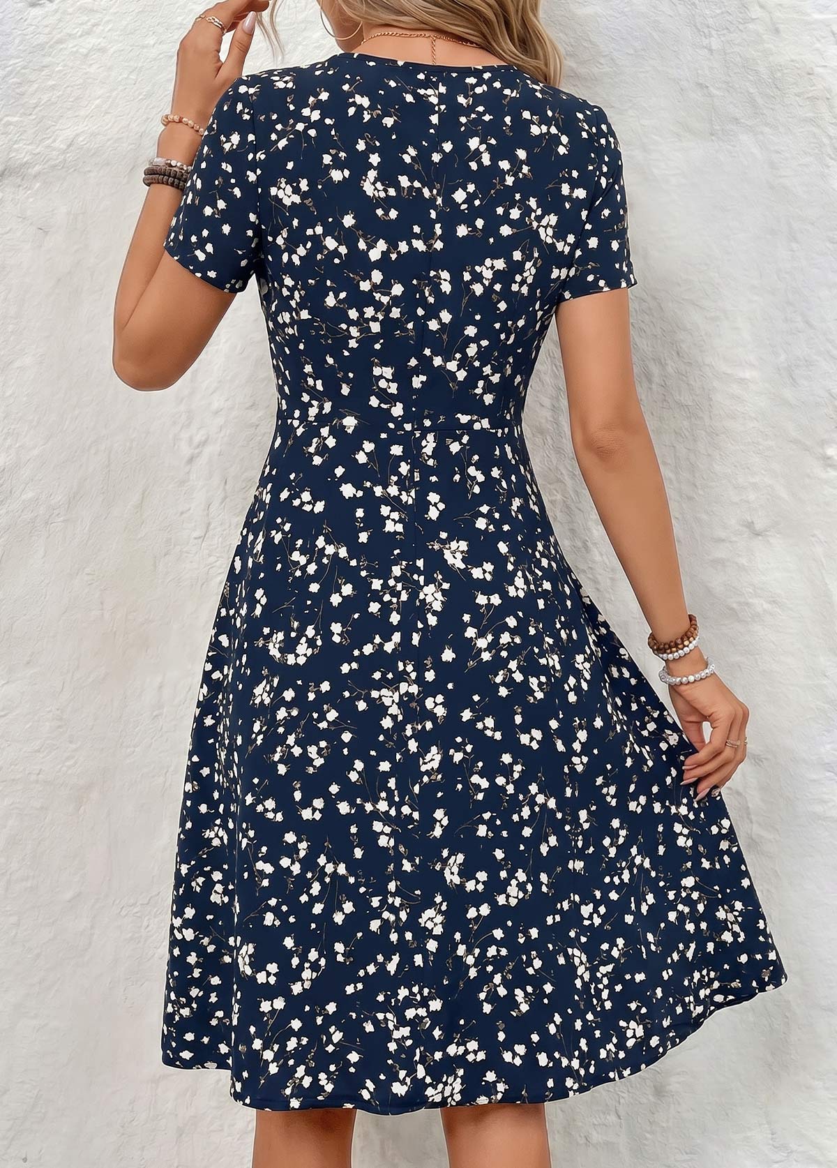 Floral Print Tummy Coverage Navy Short Sleeve Dress