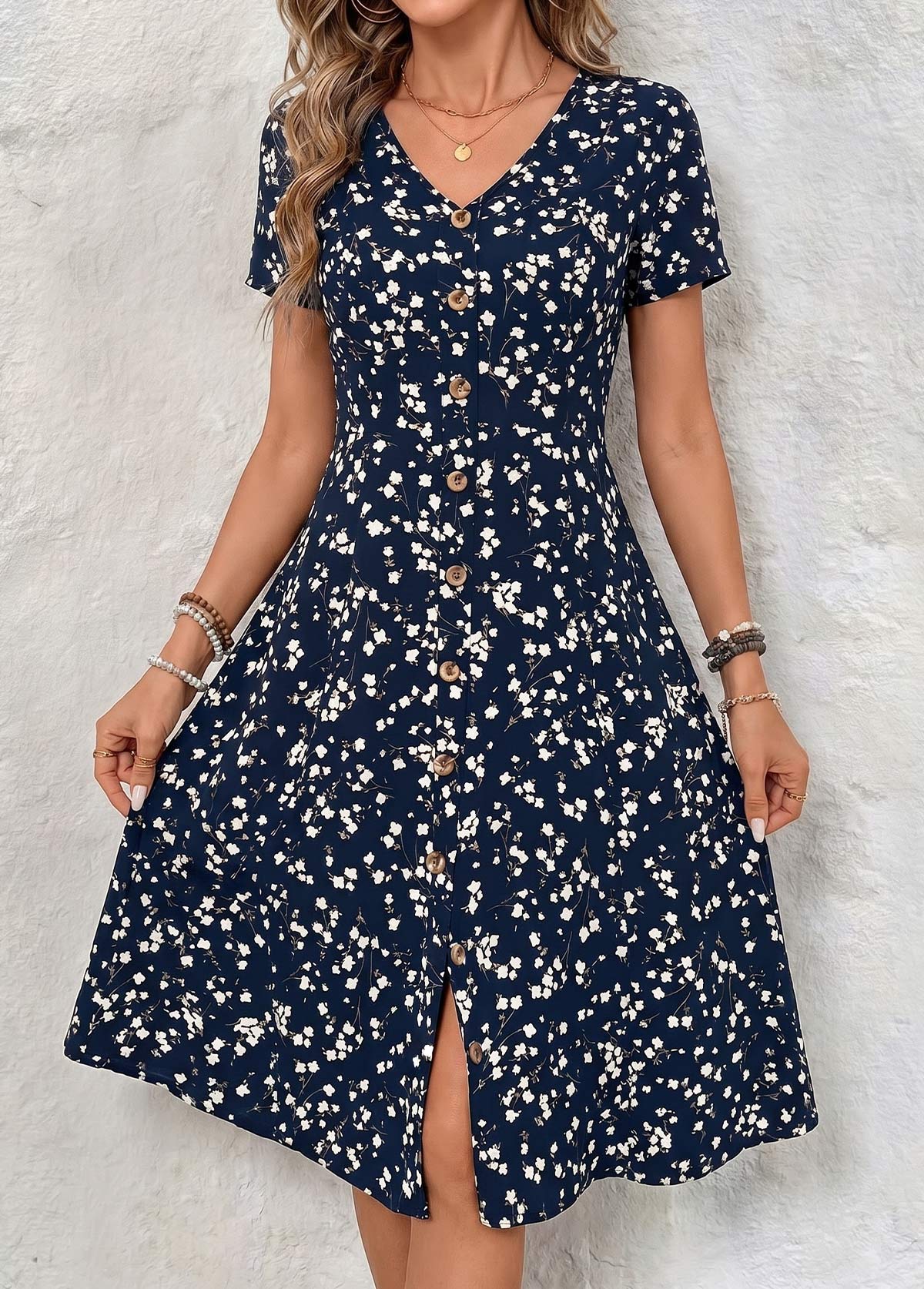 Floral Print Tummy Coverage Navy Short Sleeve Dress
