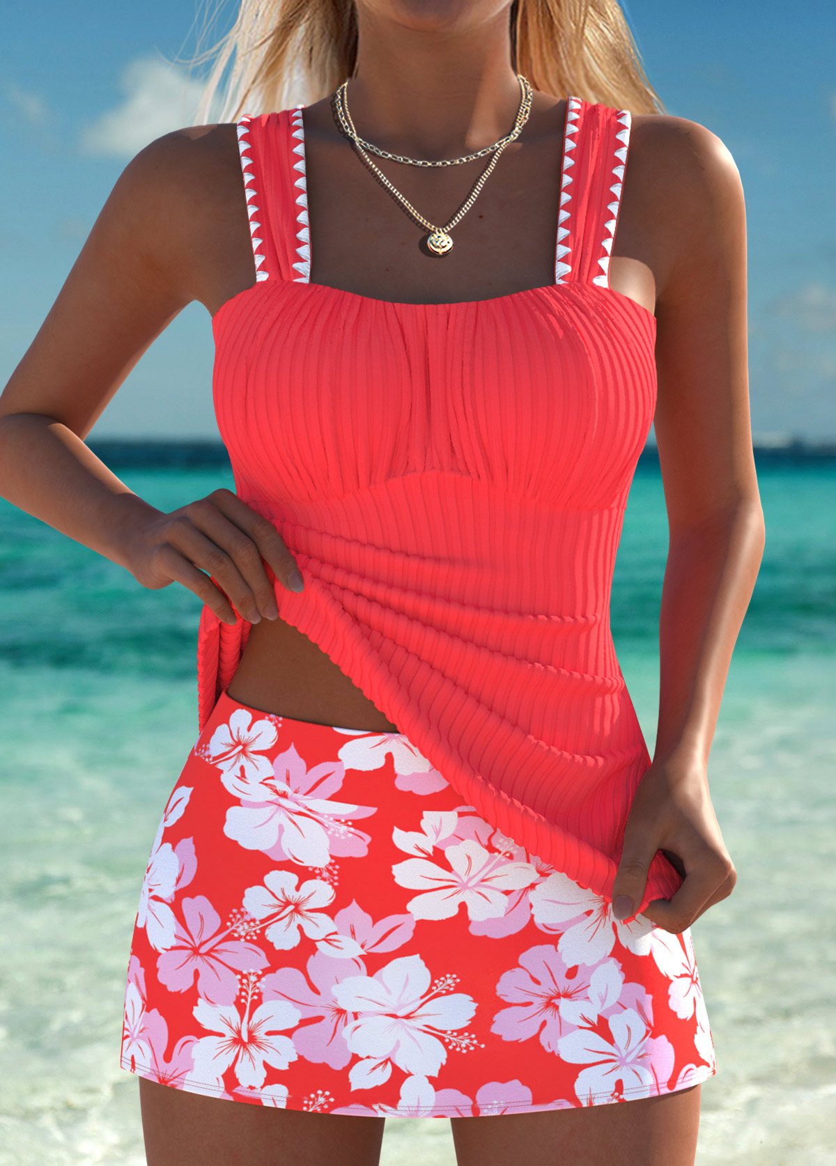 Orange Mid Waisted Ruched Floral Print Tankini Set