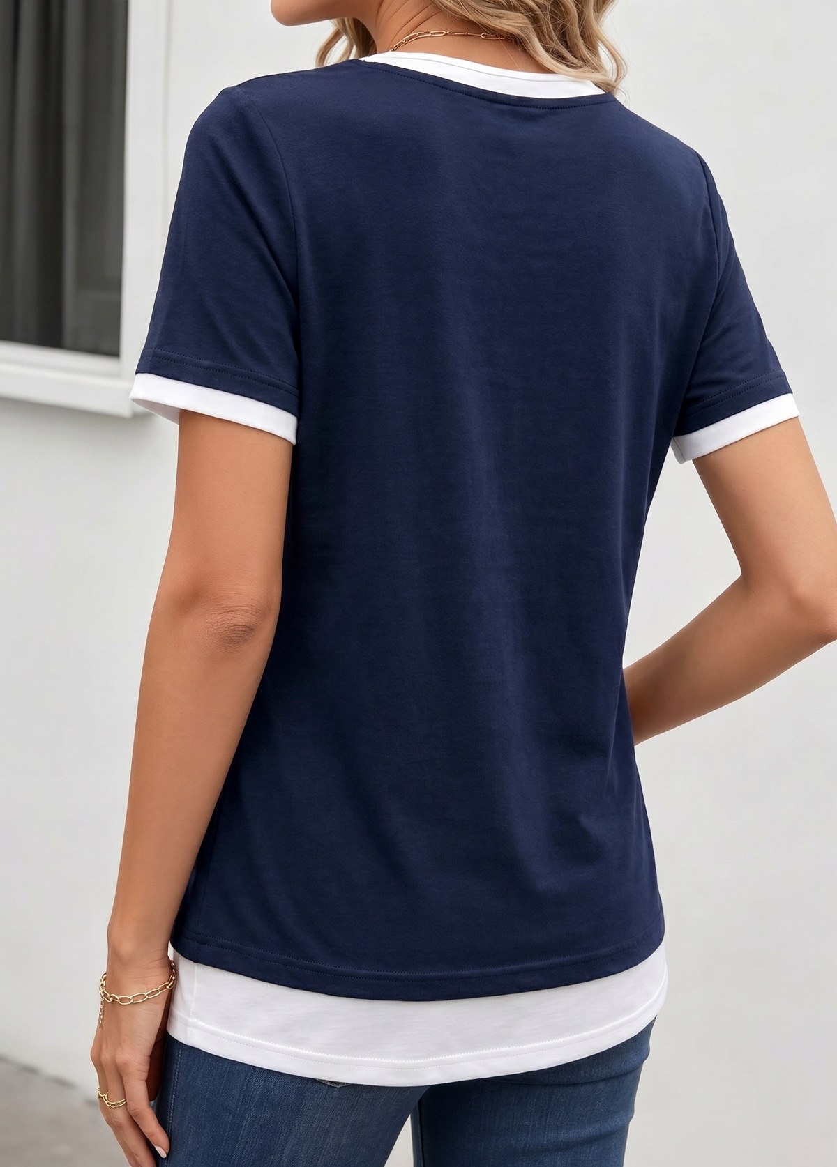 Fake 2in1 Navy Short Sleeve Round Neck T Shirt
