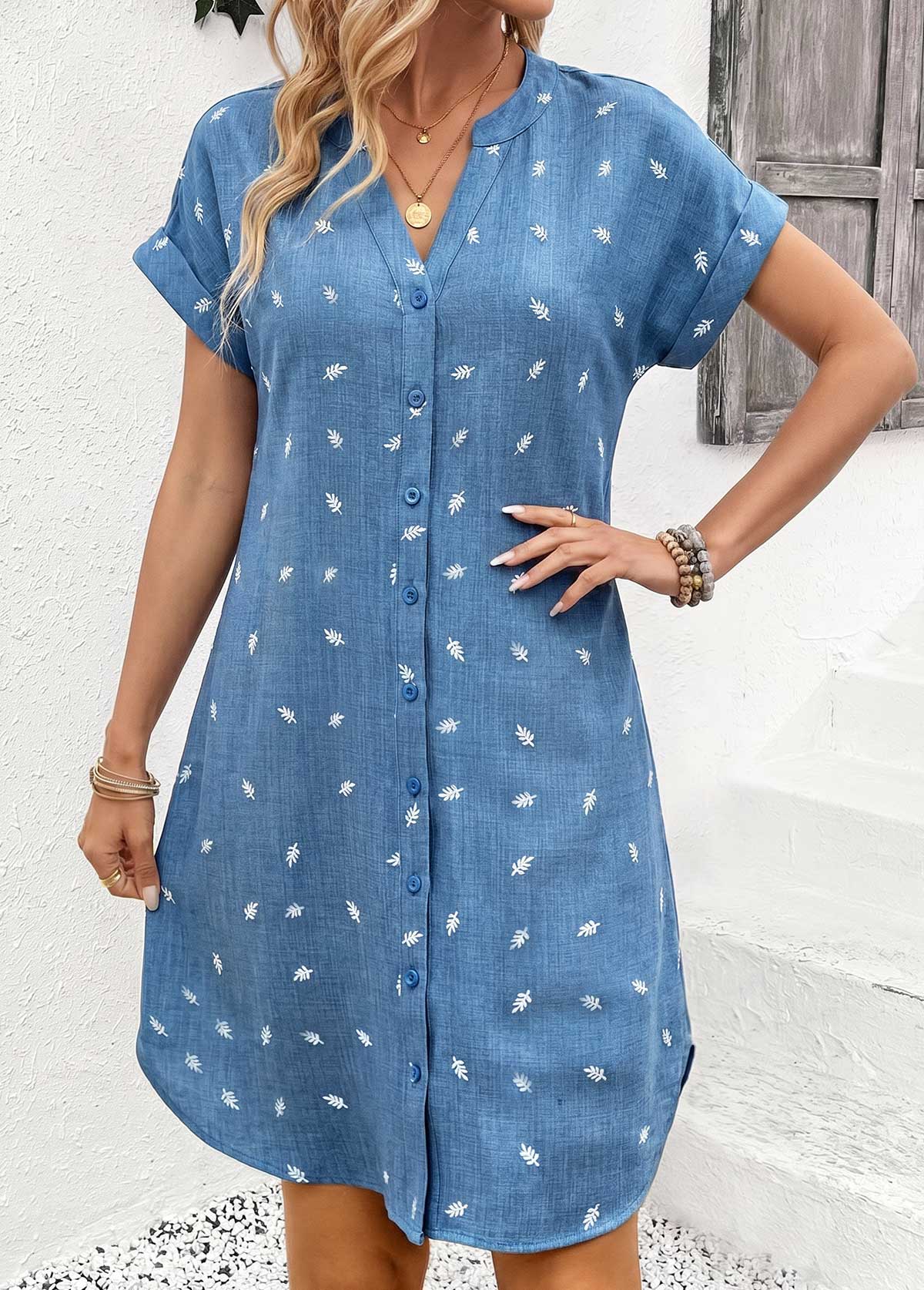 Leaf Print Tummy Coverage Denim Blue Short Sleeve Dress