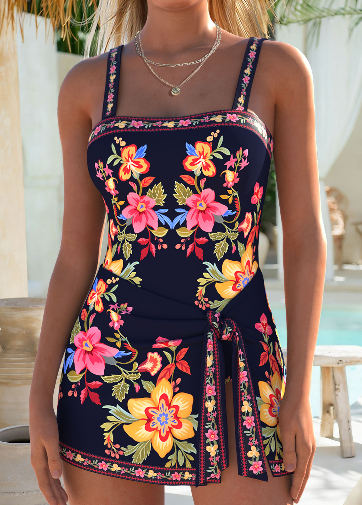 Floral Print Layered Navy One Piece Swimdress