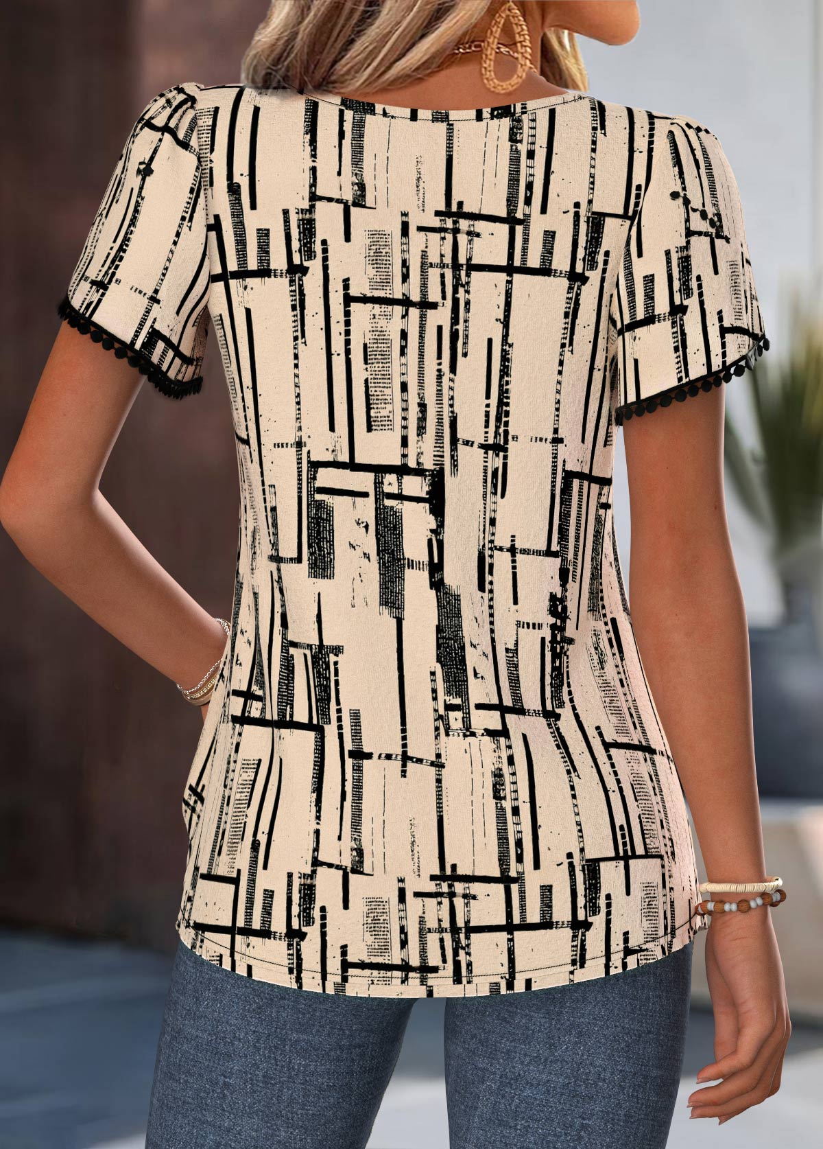 Geometric Print Button Light Camel Short Sleeve Blouse