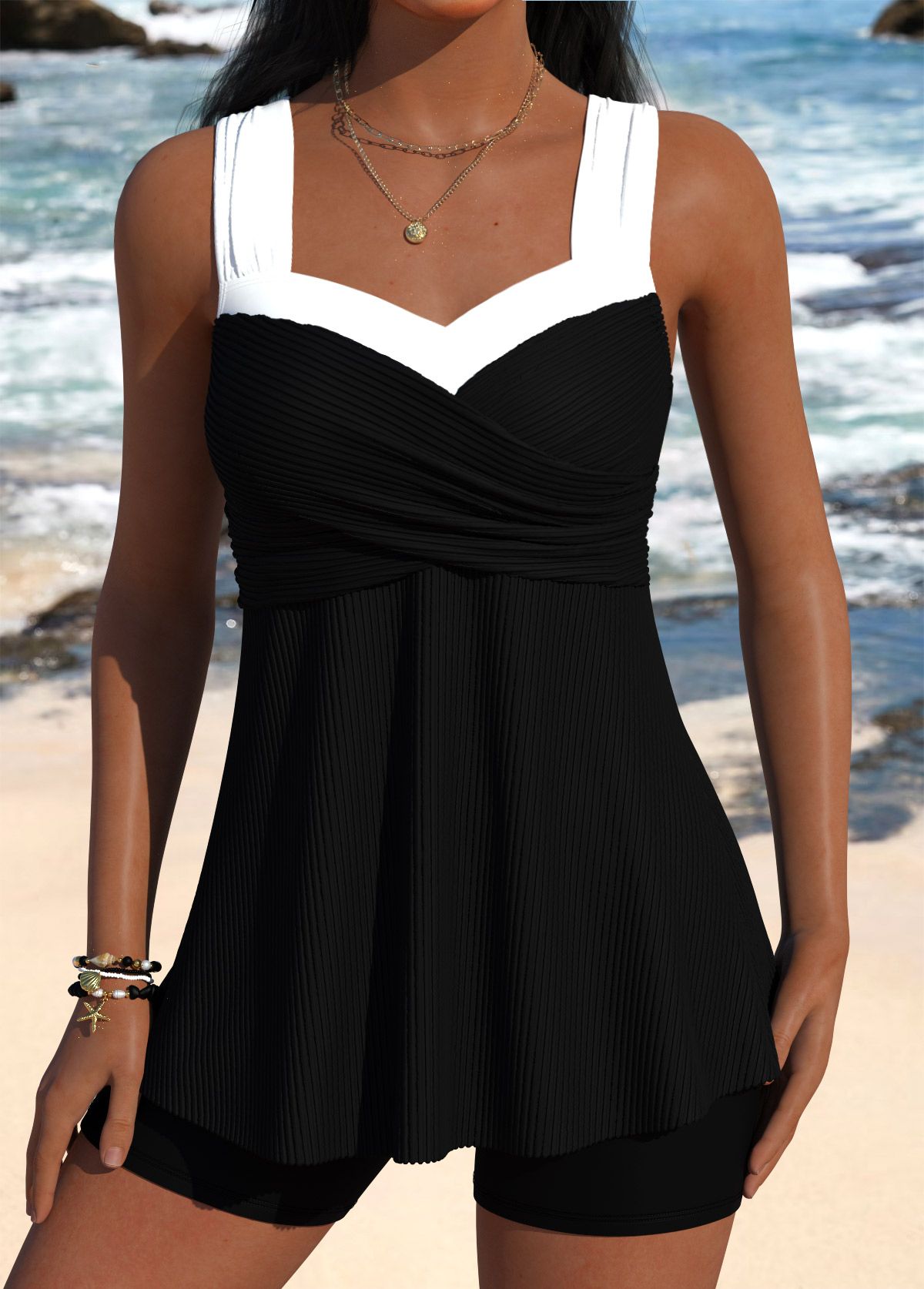 Black Mid Waisted Bandeau Tankini Set