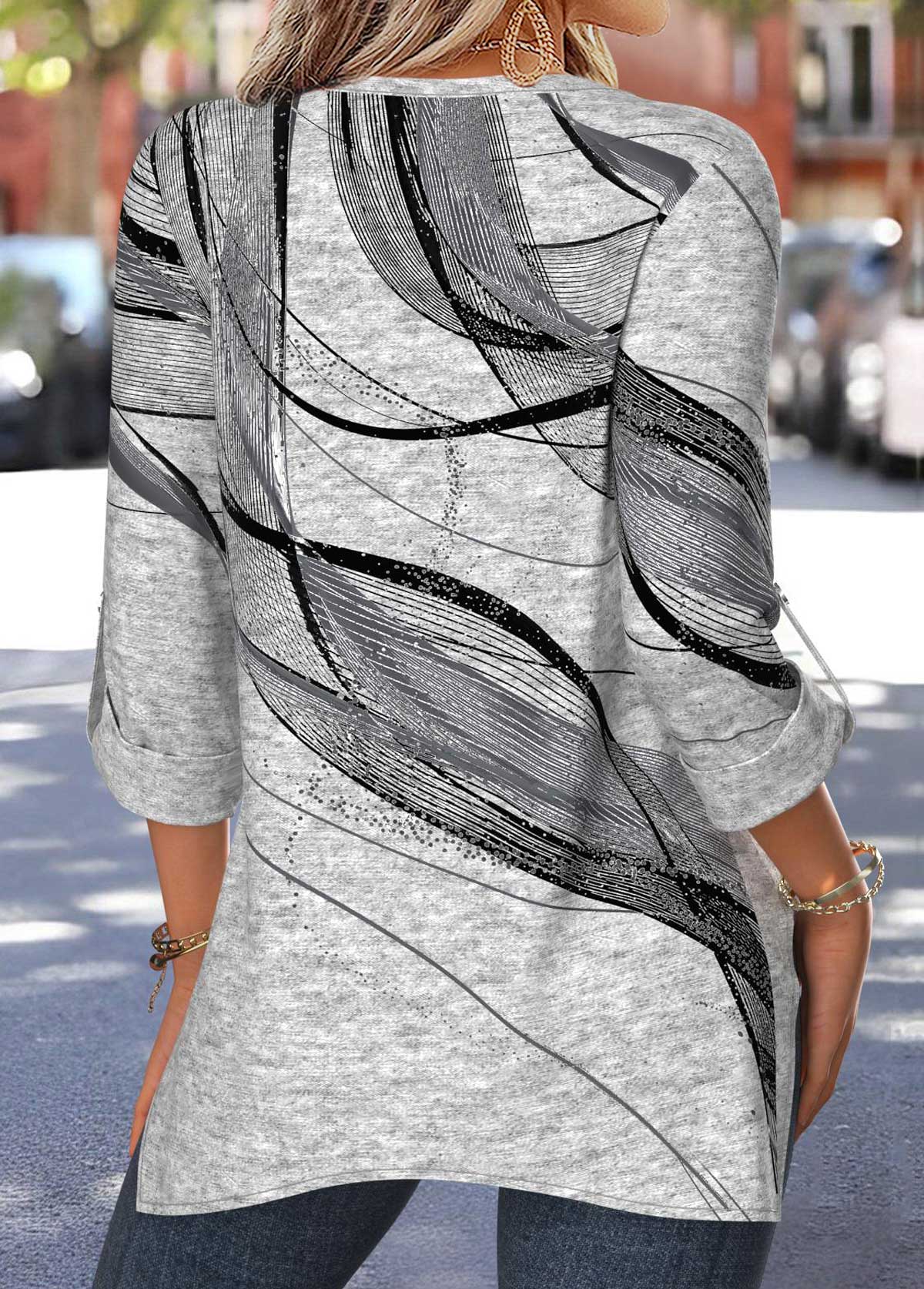 Geometric Print Patchwork Light Grey Marl 3/4 Sleeve Blouse