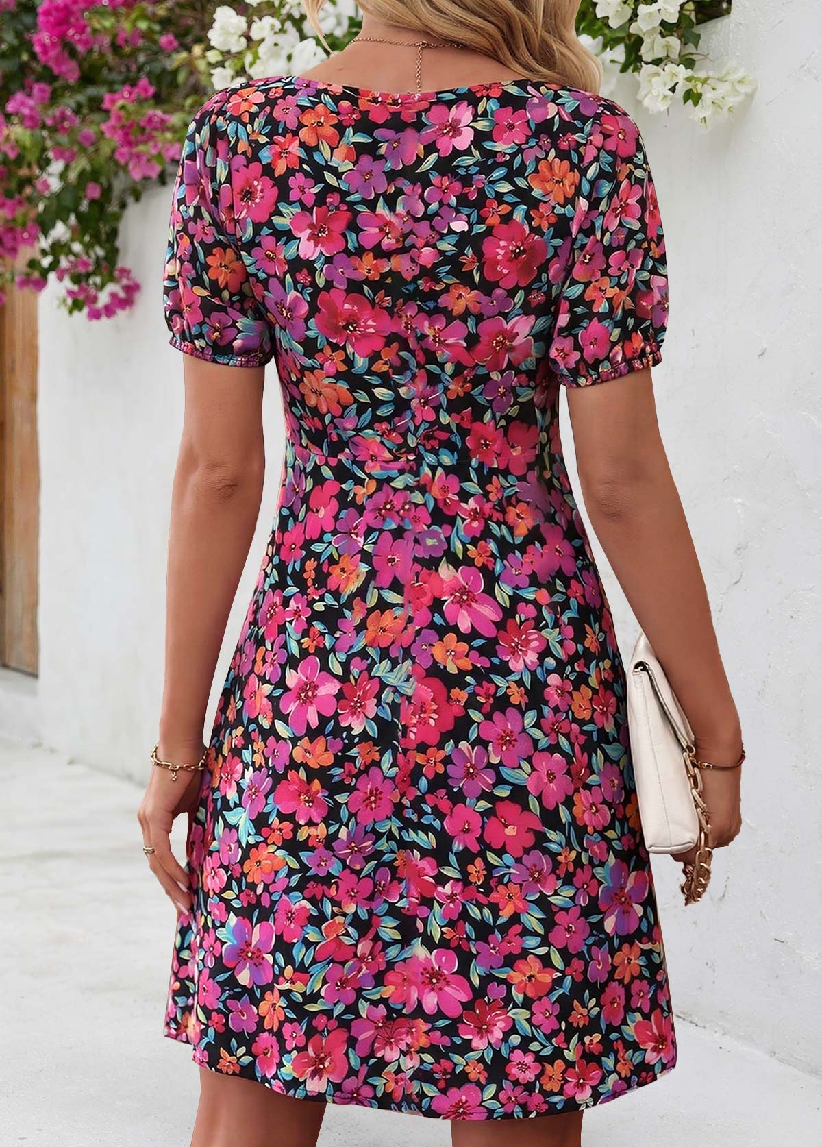 Floral Print Shirred Multi Color Short Heart Collar Dress