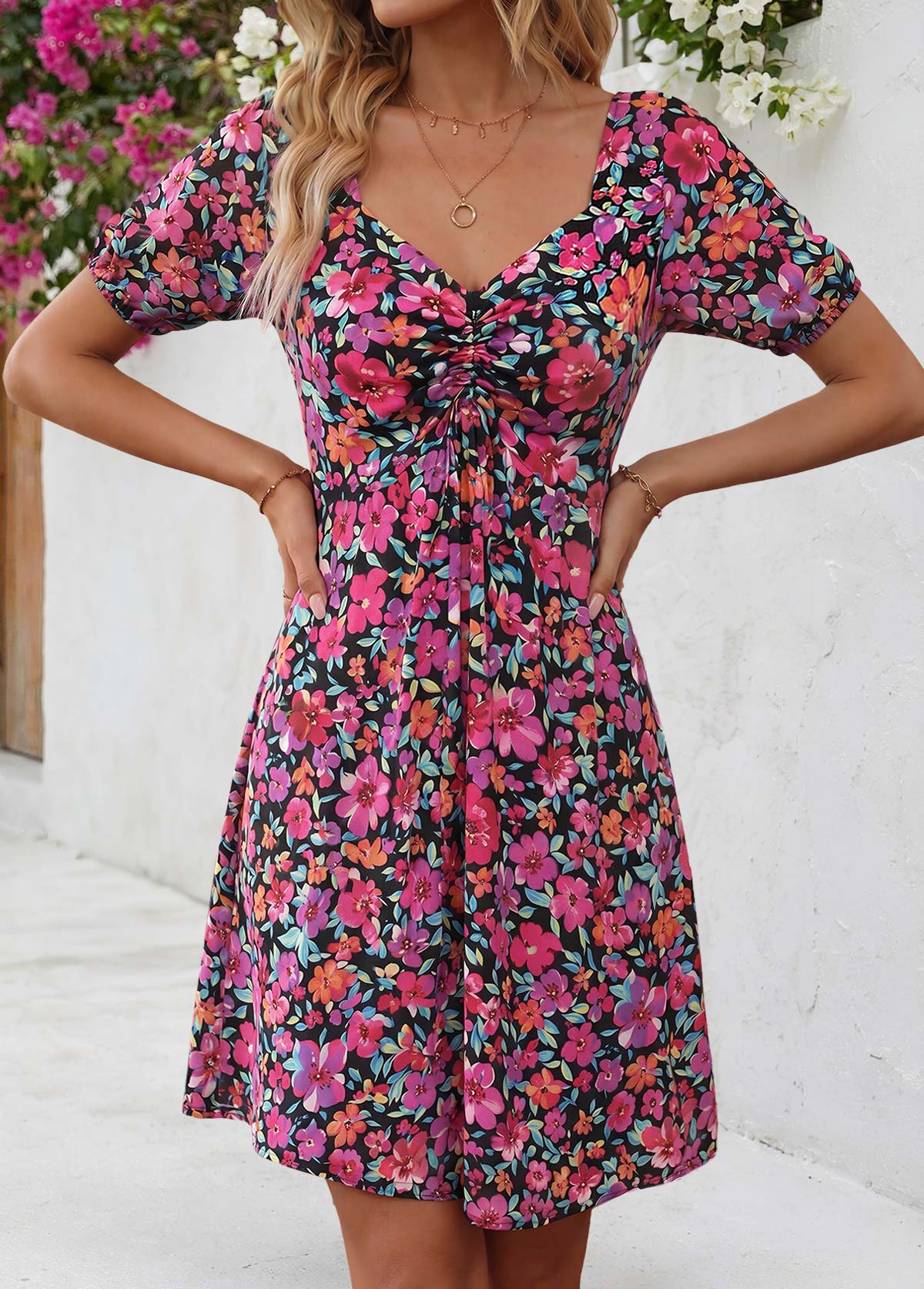 Floral Print Shirred Multi Color Short Heart Collar Dress