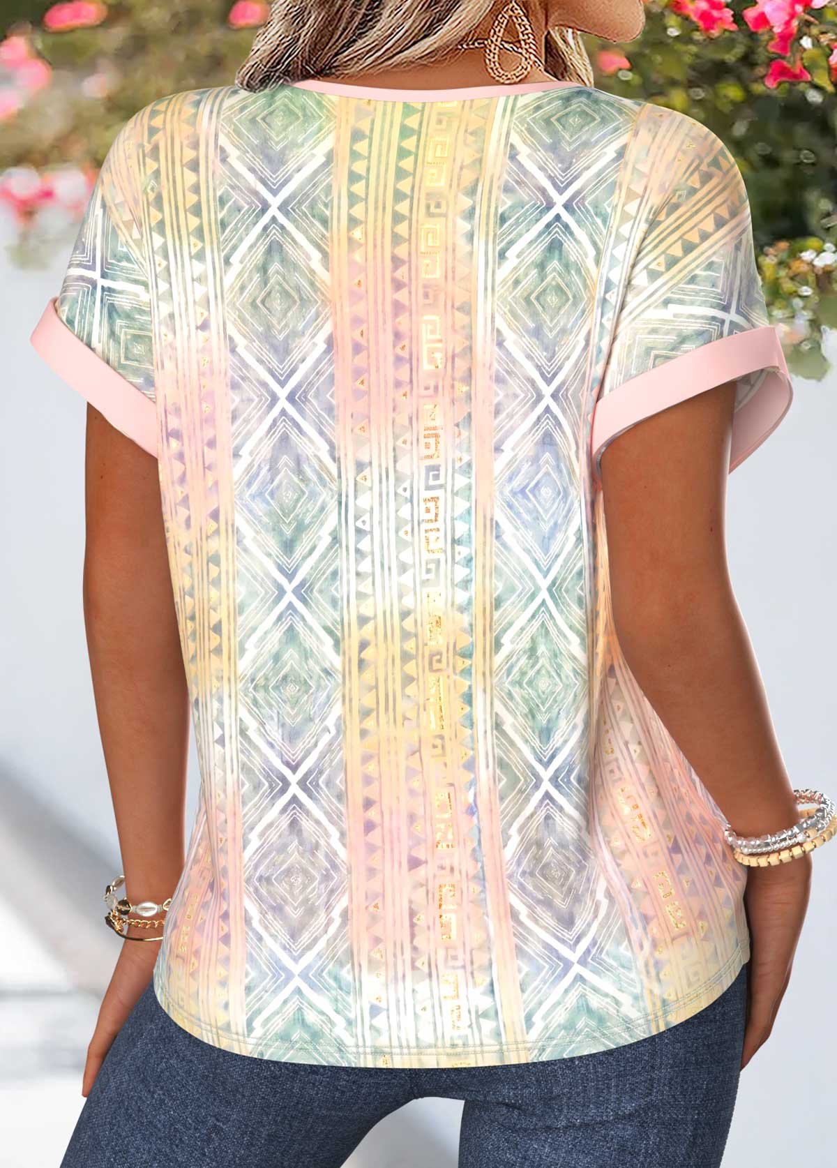 Geometric Print Tummy Coverage Multi Color Short Sleeve Blouse