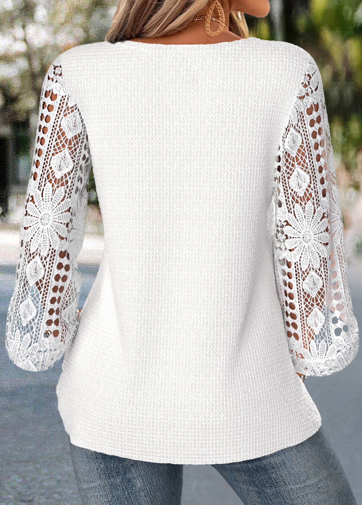 Patchwork White 3/4 Sleeve Round Neck Blouse