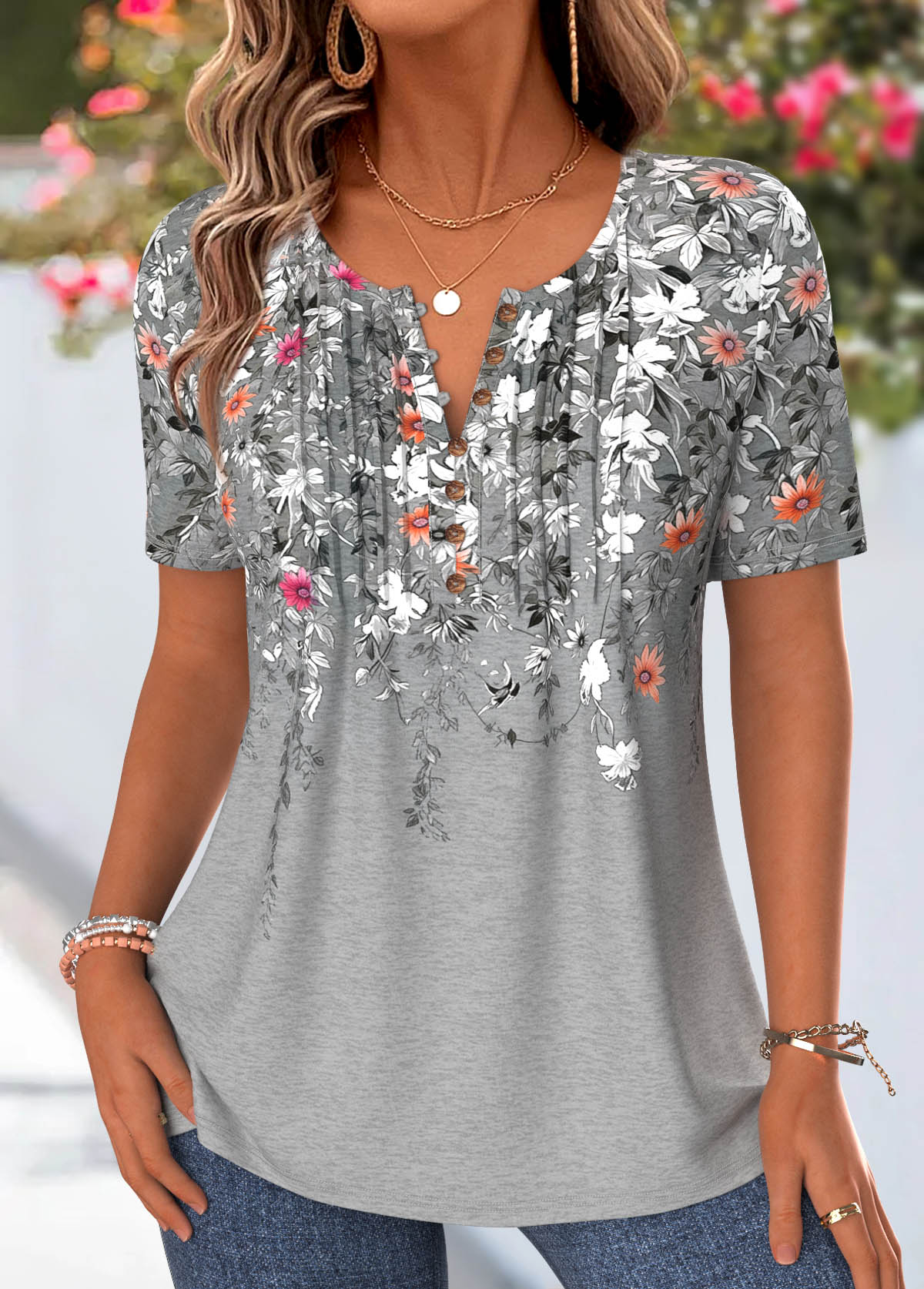 Floral Print Tuck Stitch Grey Short Sleeve T Shirt