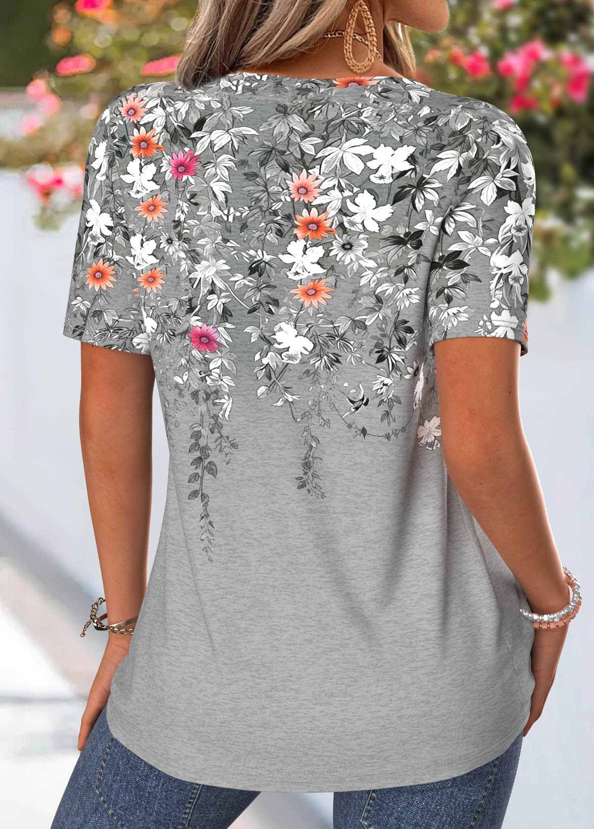 Floral Print Tuck Stitch Grey Short Sleeve T Shirt