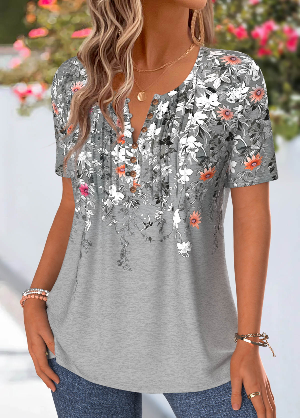 Floral Print Tuck Stitch Grey Short Sleeve T Shirt