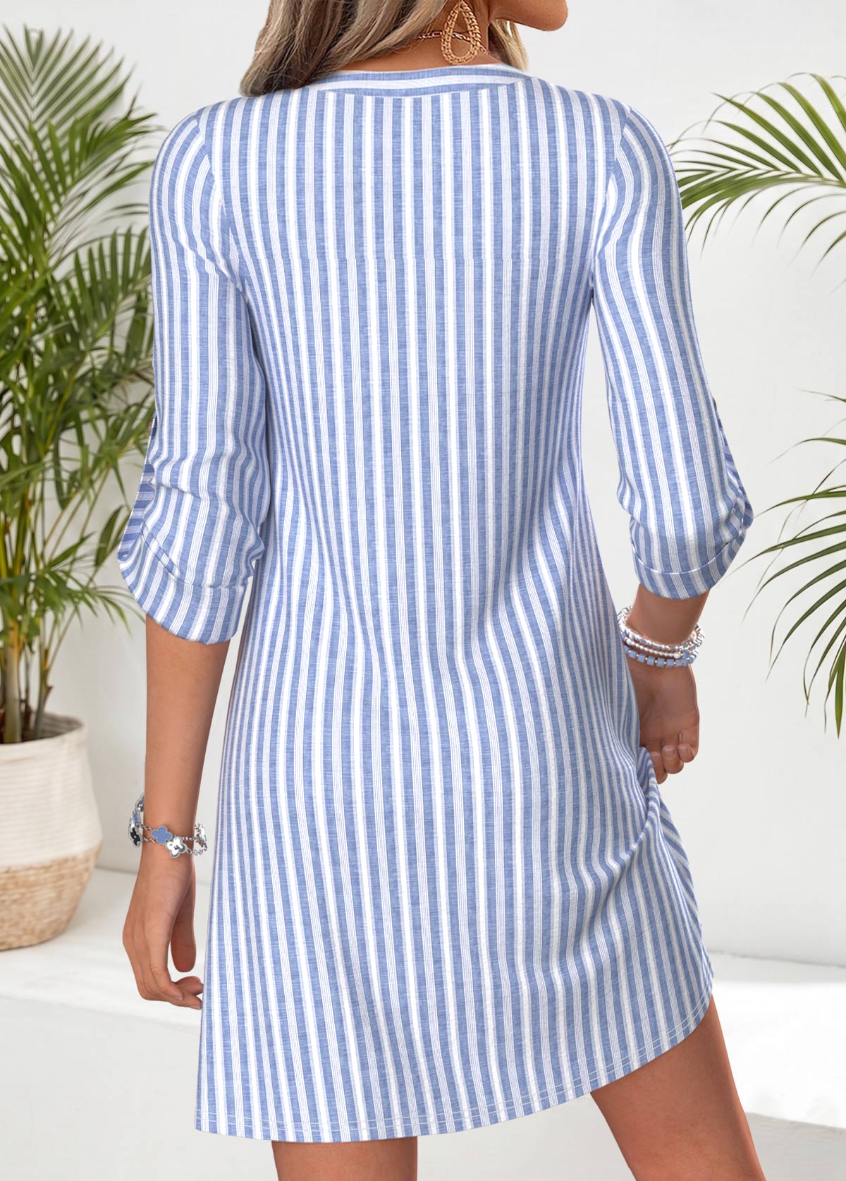 Striped Tummy Coverage Blue Short Long Sleeve Dress